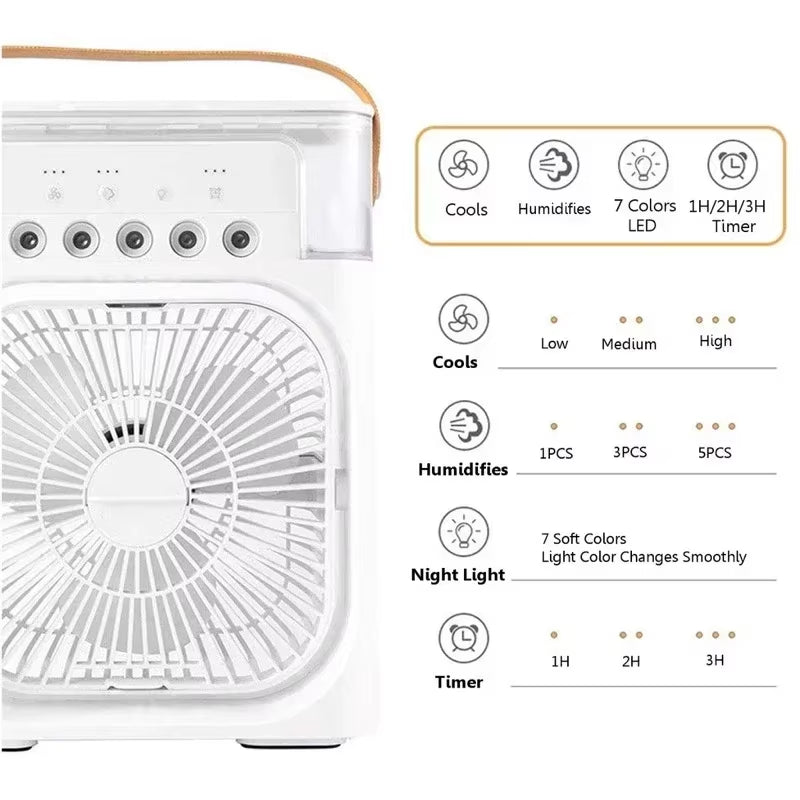 3 in 1 Ice Fan Air Conditioner Household Small Air Cooler LED Night Light Portable Humidifier Air Adjustment Fan Office Home Fan